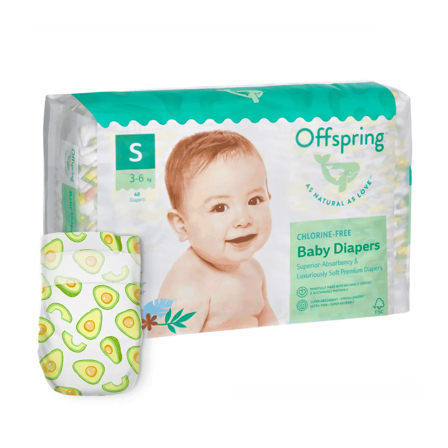 Подгузники Offspring S 3-6 кг Авокадо 48 шт