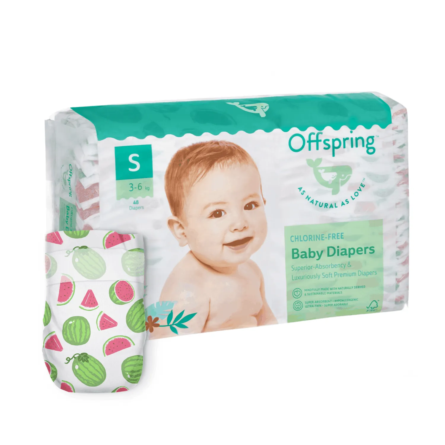 Подгузники Offspring S 3-6 кг Арбузы 48 шт OF01S48WML