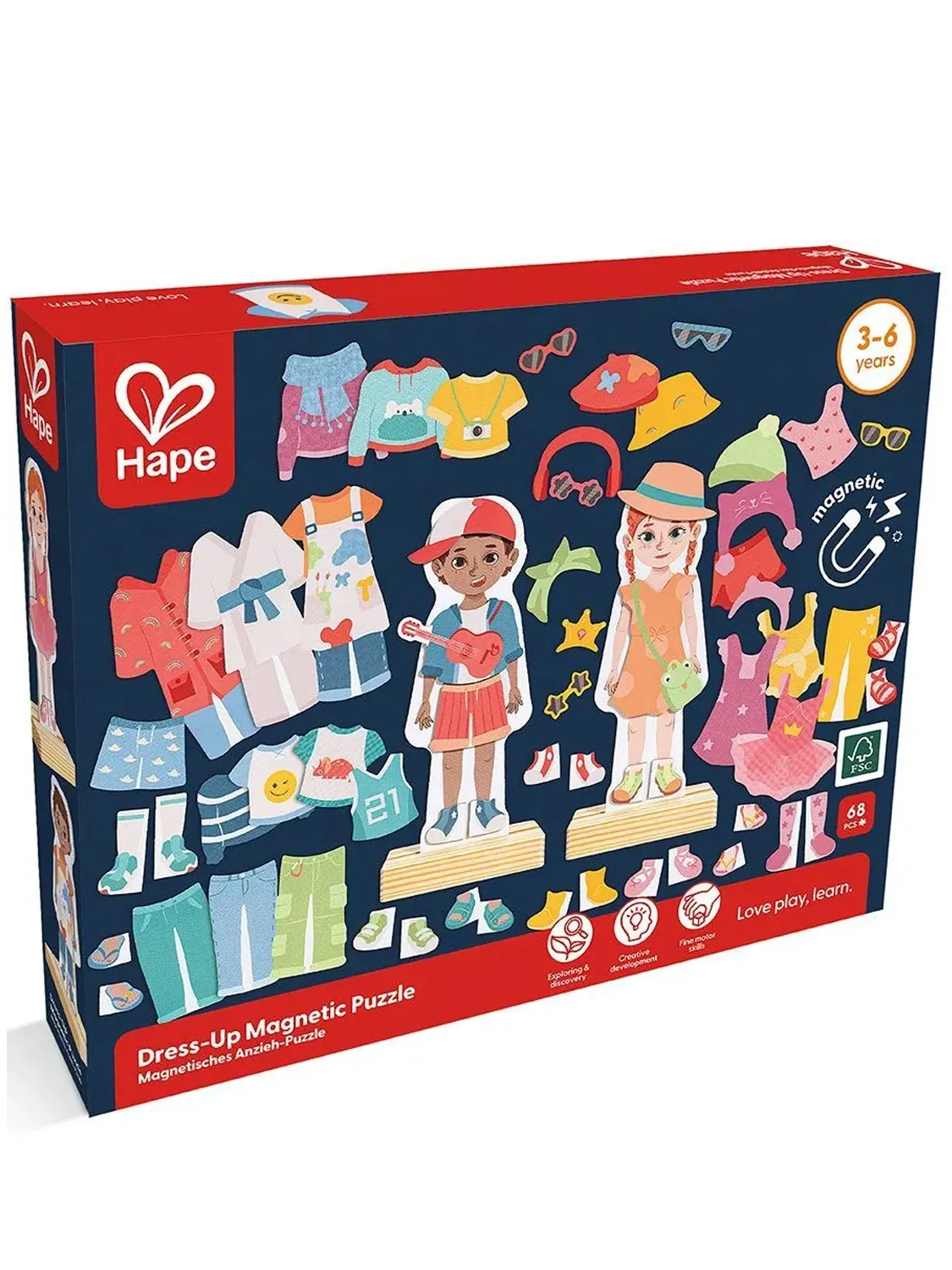 Конструктор магнитный Hape "Меняй наряд" 2 фигурки, 67 элементов одежды E1651_HP