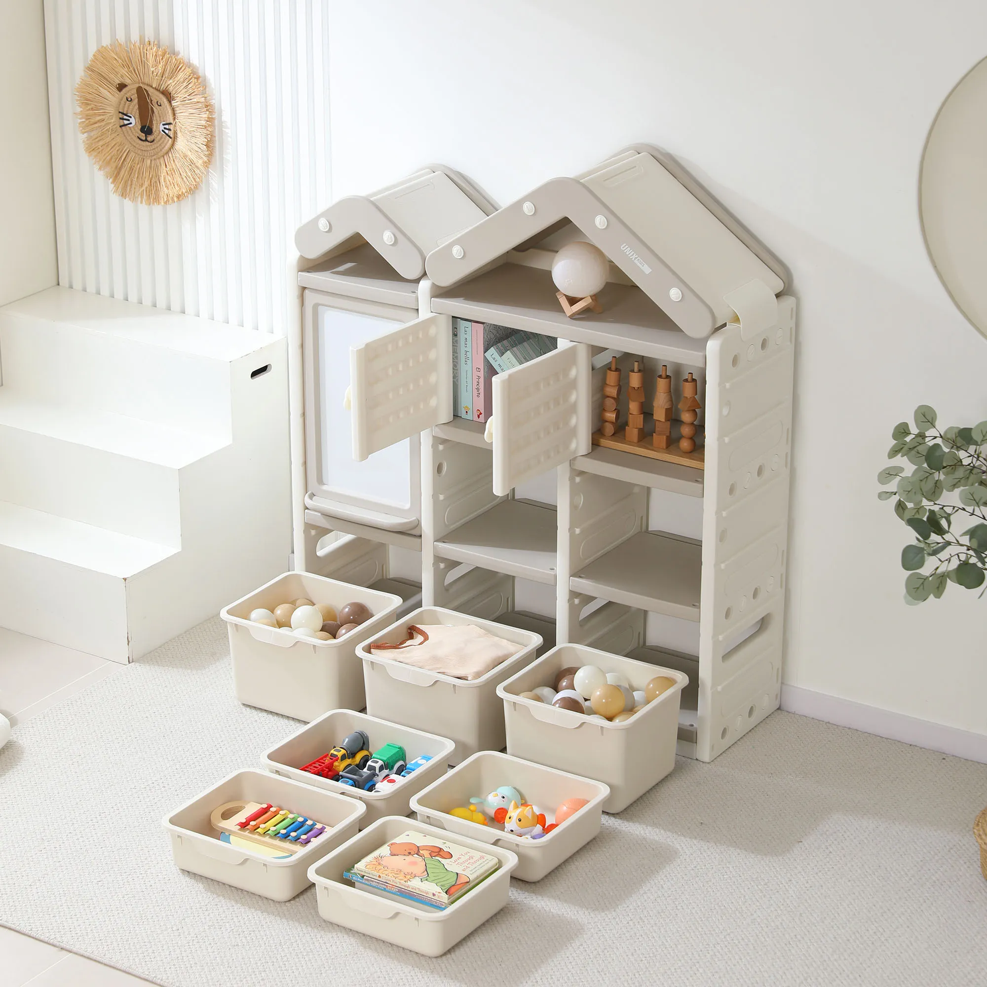 Стеллаж UNIX Kids для игрушек House (7 ящиков, 2 полки с дверцей) Grey PSTHOUSE9GY