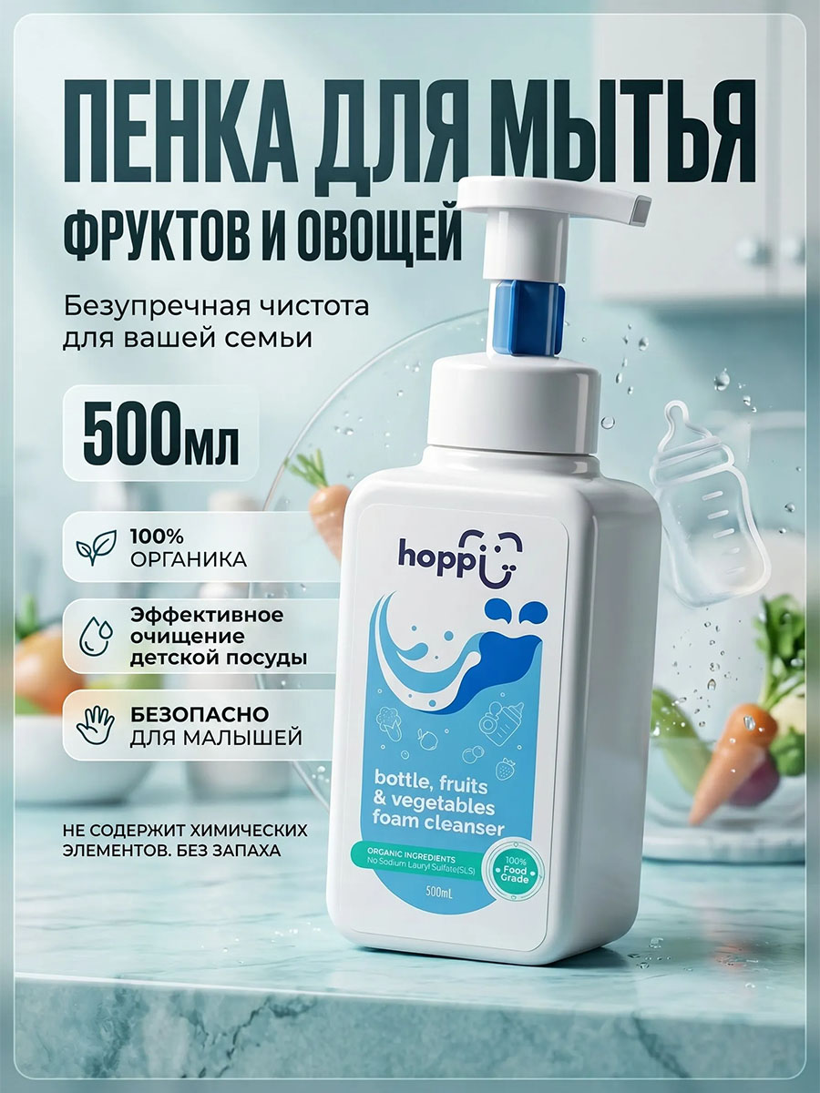 Пенка Hoppi для очистки фруктов, овощей и бутылочек 500 мл