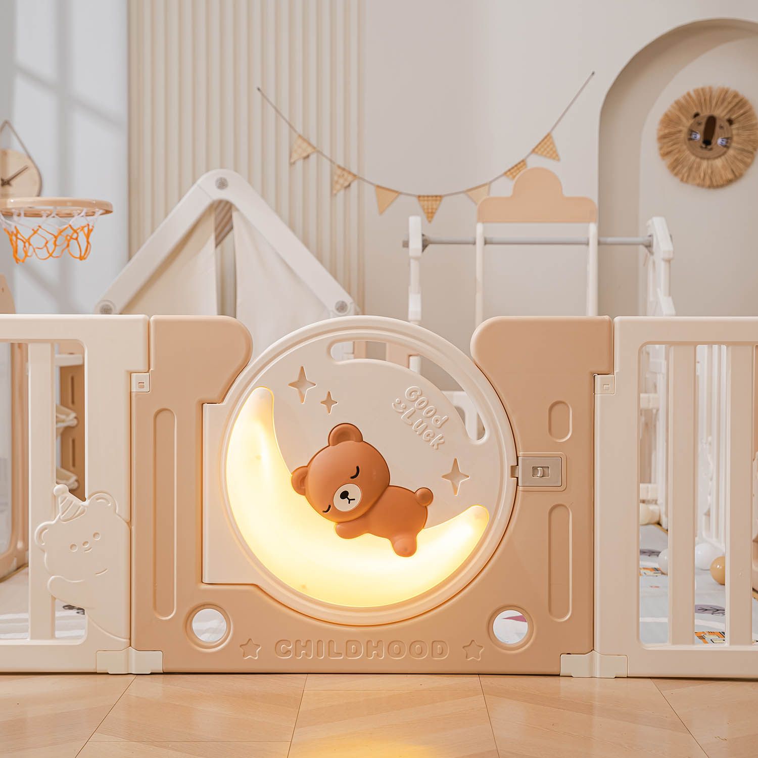 Манеж UNIX Kids DeLuxe House&Storage Camel 180x200см с игровым домиком, баскетбольной стойкой, доской для рисования, качелями + место для хранения игрушек PPLXSWHS200WC