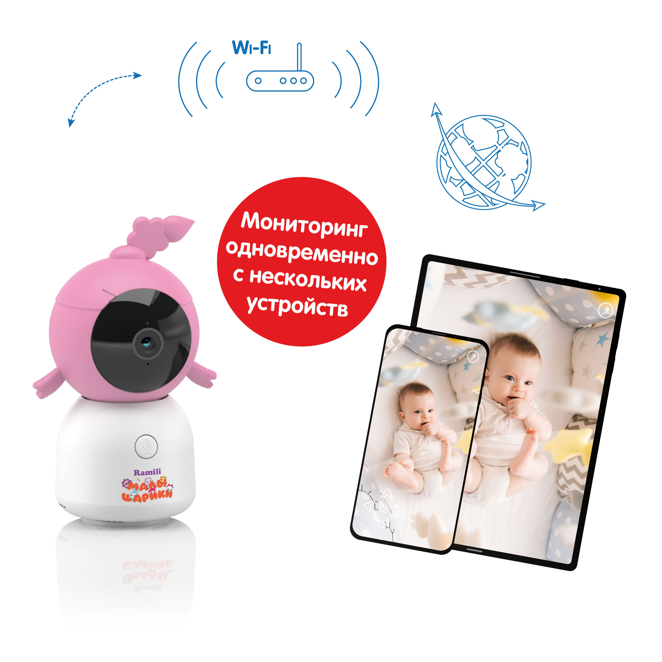 Видеоняня Ramili Baby RV100CNUSHA Wi-Fi 2K Нюша, Малышарики, с креплениями RV100CNUSHA