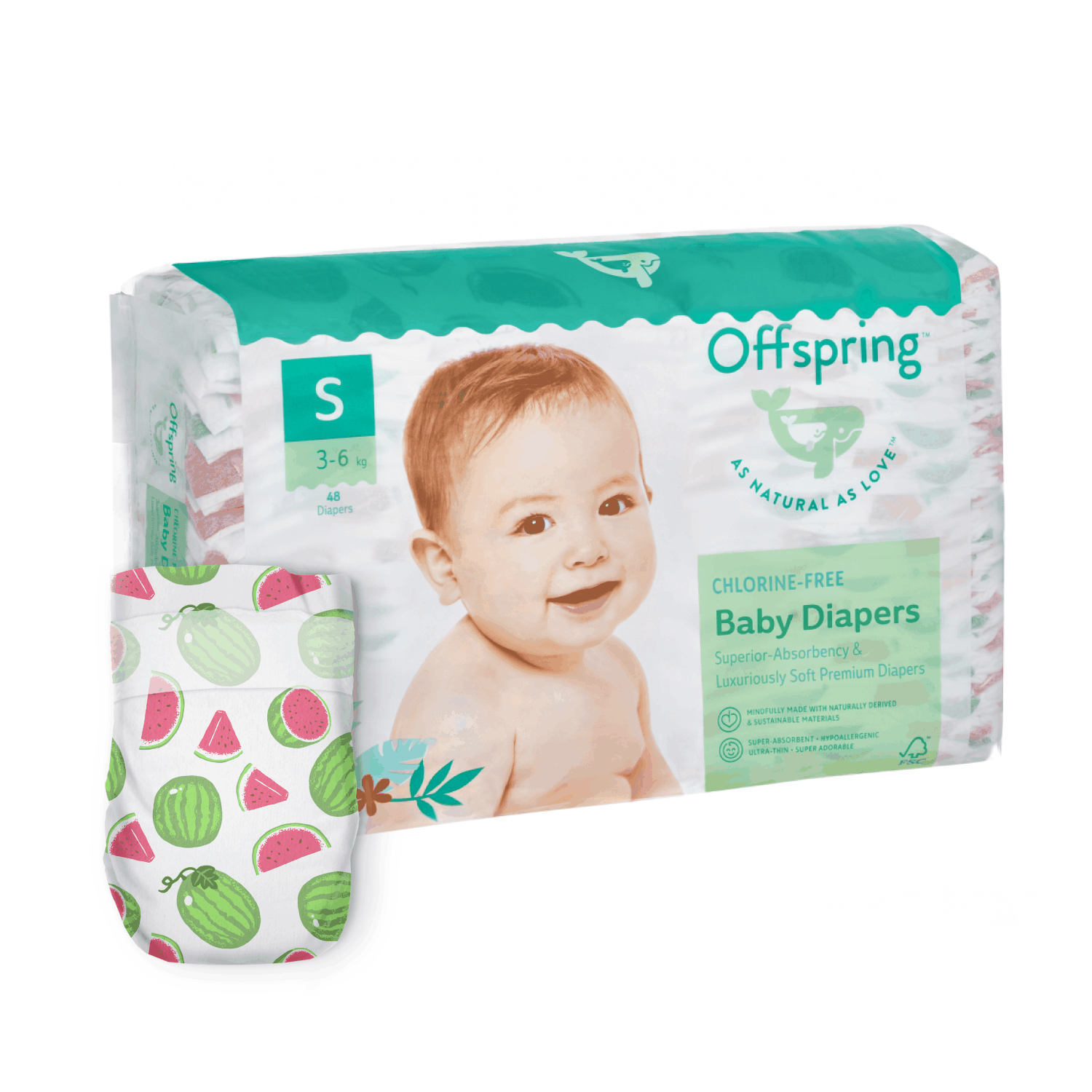 Подгузники Offspring S 3-6 кг Арбузы 48 шт